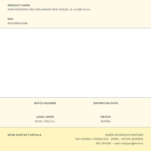 Imán Neodimio Aro Avellanado Im31 Níquel 12 X 6 (Ø8-4) Mm