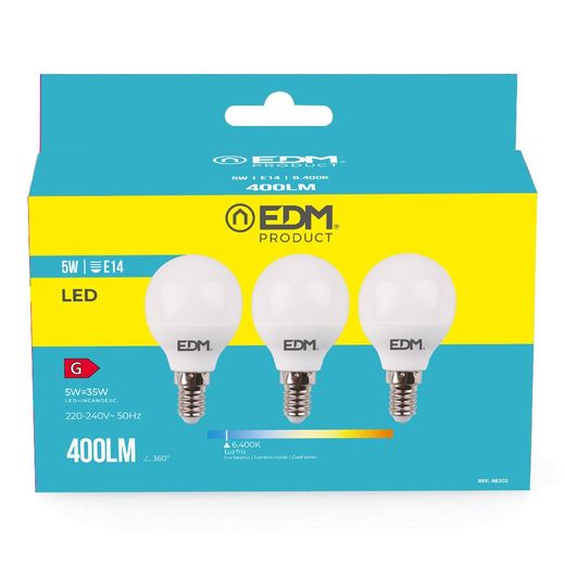 Kit 3 Bombillas Esfericas Led E14 5 W 400 Lm 6400 K Luz Fria Ø4,5 X 8 Cm