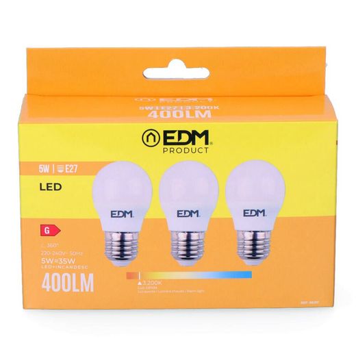 Kit 3 Bombillas Esfericas Led E27 5 W 400 Lm 3200 K Luz Calida Ø4,5 X 8 Cm