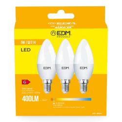 Kit 3 Bombillas Vela Led E14 5 W 400 Lm 3200 K Luz Calida Ø3,6 X 10 Cm