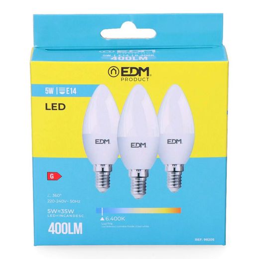 Kit 3 Bombillas Vela Led E14 5 W 400 Lm 6400 K Luz Fria Ø3,6 X 10 Cm