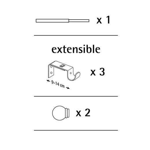 Kit Barra Cortina Anillo Negro Extensible De 160 - 300 Cm