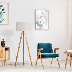 Lámpara De Pie E27 Madera, Hierro Y Tela  Ø50 X 28 Cm