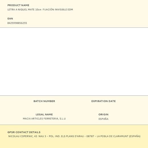 Letra A Niquel Mate 10Cm  Fijación Invisible Edm