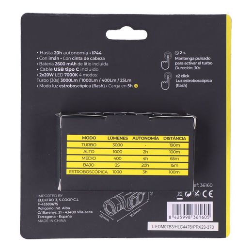 Linterna Led Frontal Thunder Track 3000 Lm, Recargable