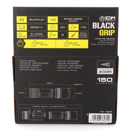 Linterna Led Táctica Black Grip 150 Lm Con Zoom, 3 X Aaa (Incluidas), Aluminio