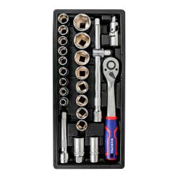 Llave De Carraca Y Vasos  ½ Pulg, Juego 24 Piezas, Métrico