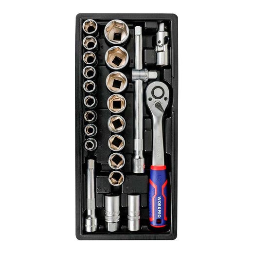 Llave De Carraca Y Vasos  ½ Pulg, Juego 24 Piezas, Métrico