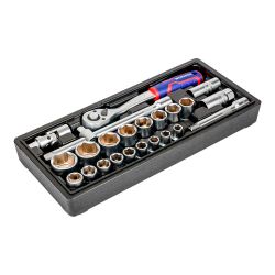 Llave De Carraca Y Vasos  ½ Pulg, Juego 24 Piezas, Métrico