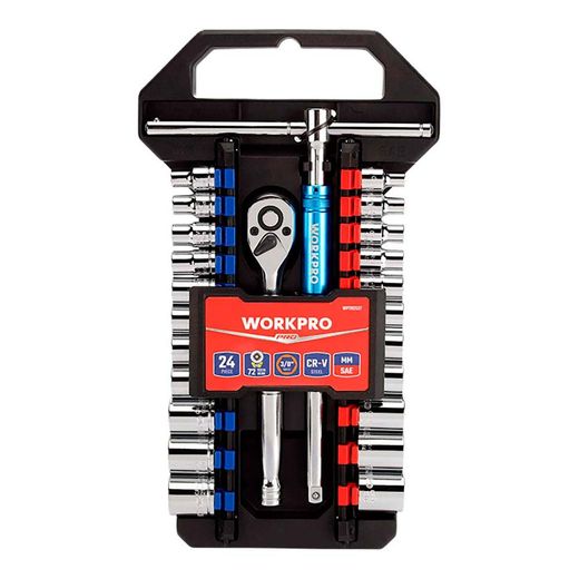 Llave De Carraca Y Vasos 3/8 Pulg, Juego 24 Piezas, Métrico-Sae