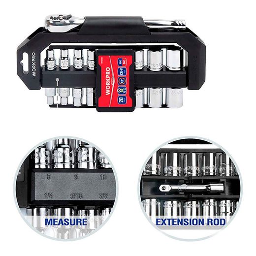 Llave De Carraca Y Vasos 3/8 Pulg, Soporte Giratorio, Juego 20 Piezas, Métrico-Sae