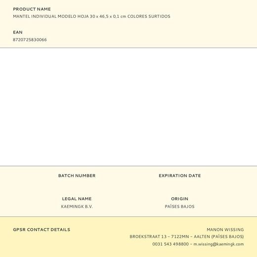 Mantel Individual Modelo Hoja 30 X 46,5 X 0,1 Cm Colores Surtidos