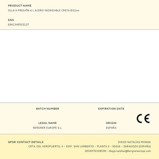 Olla A Presión 6 L Acero Inoxidable Creta Ø22Cm