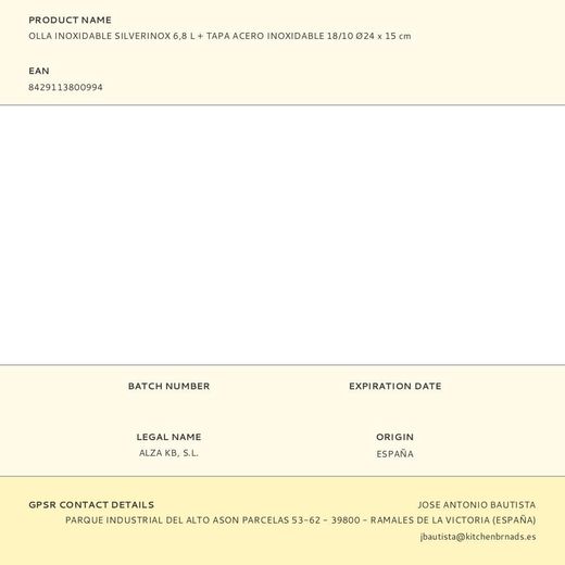 Olla Inoxidable Silverinox 6,8 L + Tapa Acero Inoxidable 18/10 Ø24 X 15 Cm