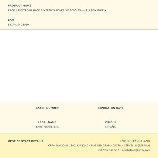 Pack 1 Fieltro Blanco Sintetico Adhesivo 1000X85Mm Plasfix Inofix