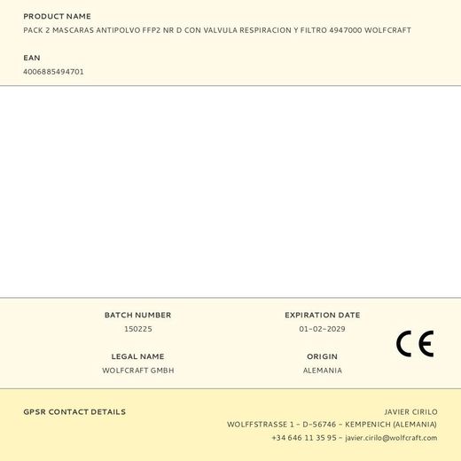 Pack 2 Mascaras Antipolvo Ffp2 Nr D Con Valvula Respiracion Y Filtro 4947000 Wolfcraft