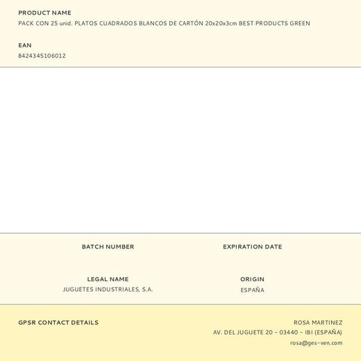 Platos De Cartón Cuadrados Blancos 20 X 20 X 3 Cm, 25 Uds