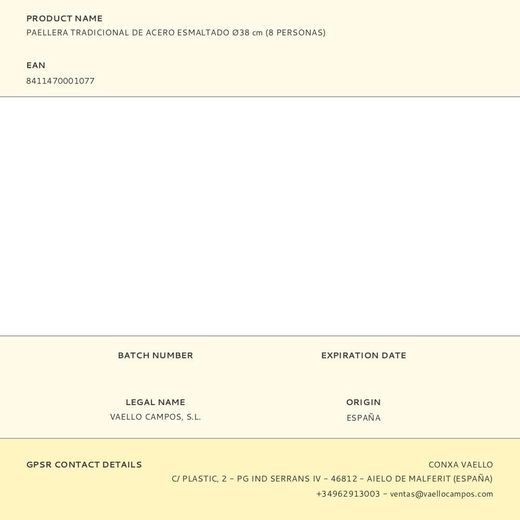 Paellera Tradicional De Acero Esmaltado Ø38 Cm (8 Personas)