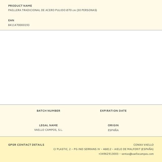 Paellera Tradicional De Acero Pulido Ø70 Cm (30 Personas)