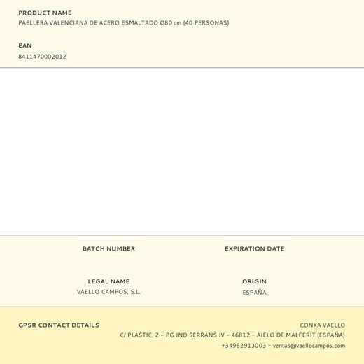 Paellera Valenciana De Acero Esmaltado Ø80Cm (40 Personas)