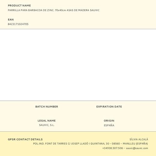 Parrilla Para Barbacoa De Zinc. 70X40Cm Asas De Madera Sauvic