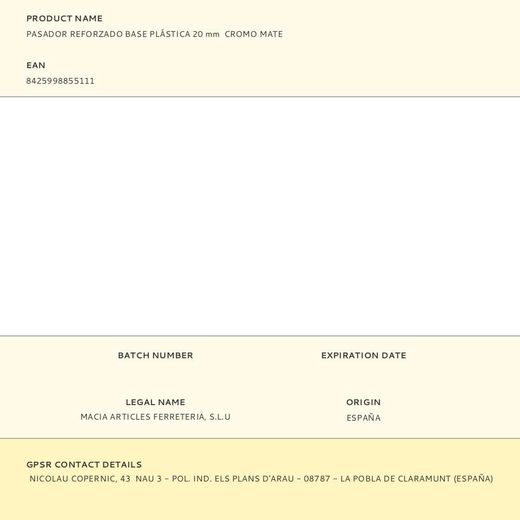 Pasador Reforzado Base Plástica 20 Mm  Cromo Mate