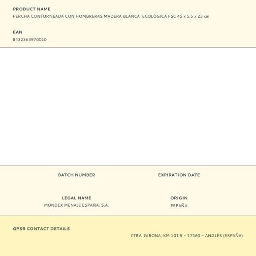 Percha Contorneada Con Hombreras Madera Blanca  Ecológica Fsc 45 X 5,5 X 23 Cm