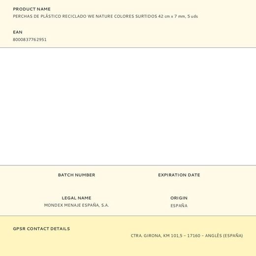 Perchas De Plástico Reciclado We Nature Colores Surtidos 42 Cm X 7 Mm, 5 Uds