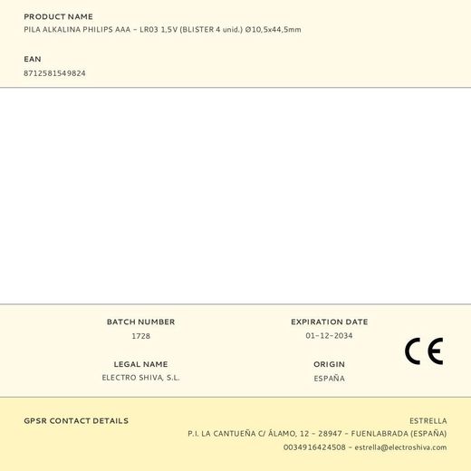 Pila Alkalina Philips Aaa - Lr03 1,5V (Blister 4 Unid.) Ø10,5X44,5Mm