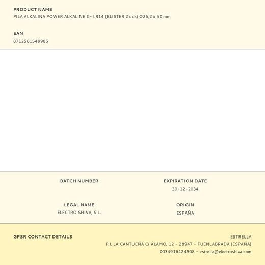 Pila Alkalina Power Alkaline C- Lr14 (Blister 2 Uds) Ø26,2 X 50 Mm