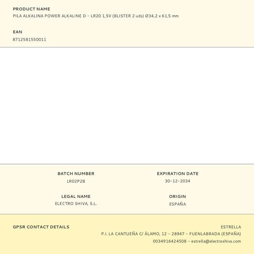 Pila Alkalina Power Alkaline D - Lr20 1,5V (Blister 2 Uds) Ø34,2 X 61,5 Mm
