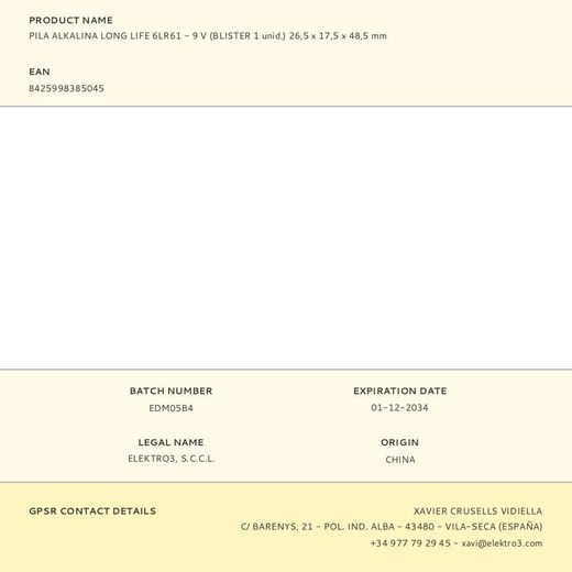 Pila Alkalina Power Life 6Lr61 - 9V 26,5 X 17,5 X 48,5 Mm, Blister