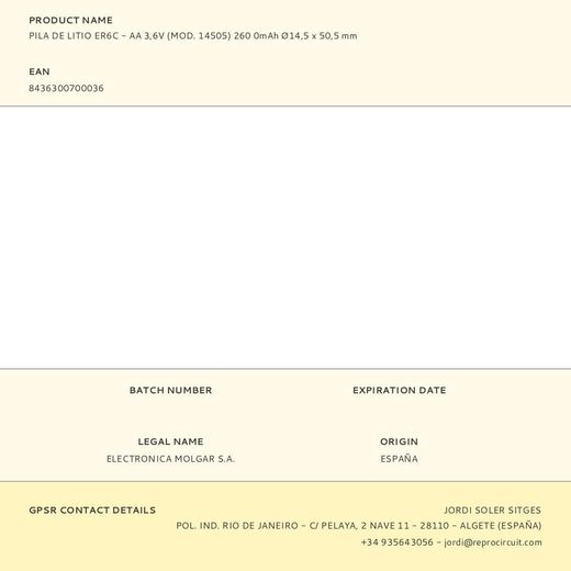 Pila De Litio Lr07 3,6V Mod 14500C 2600 Mah Ø14,5 X 50,5 Mm