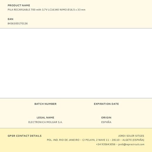 Pila Recargable 700 Mah 3,7V Lc16340 Nimo Ø16,5 X 33 Mm