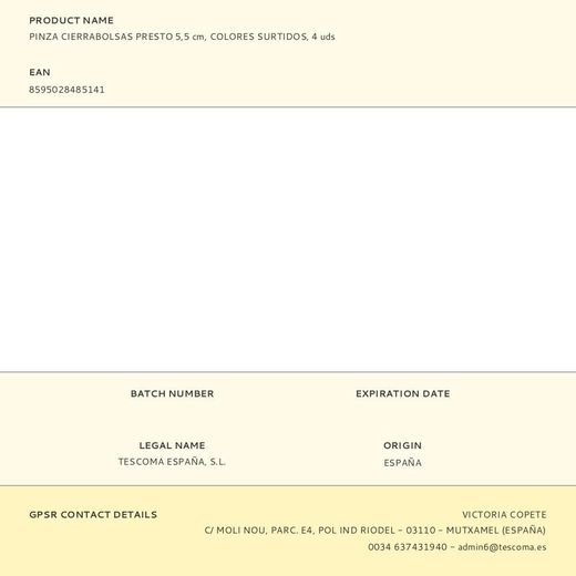 Pinza Cierrabolsas Presto 5,5 Cm Colores Surtidos 4 Uds