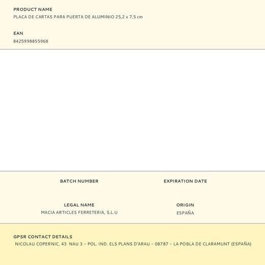 Placa De Cartas Para Puerta De Aluminio 25,2 X 7,5 Cm
