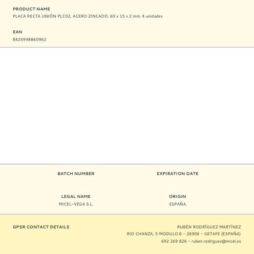 Placa Recta Unión Plc02, Acero Zincado, 60 X 15 X 2 Mm. 4 Unidades