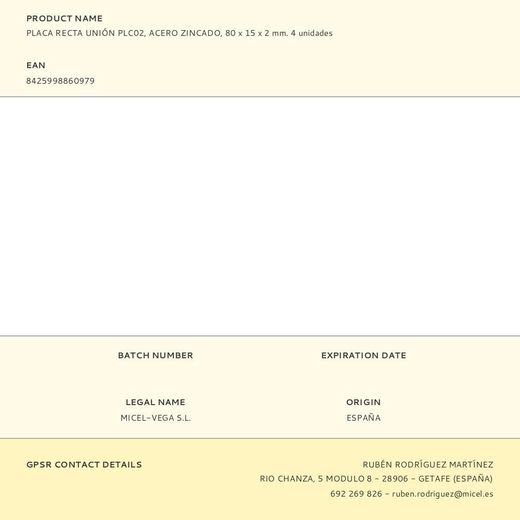 Placa Recta Unión Plc02, Acero Zincado, 80 X 15 X 2 Mm. 4 Unidades