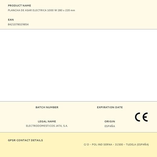 Plancha De Asar Electrica 1000 W 280 X 220 Mm