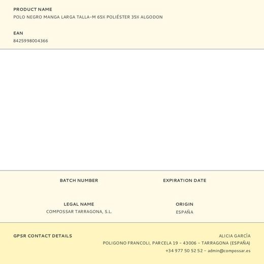 Polo Negro Manga Larga Talla-M 65% Poliéster 35% Algodon