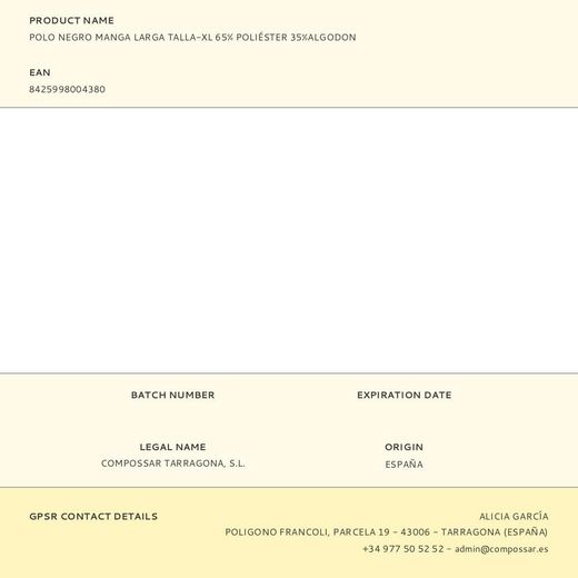 Polo Negro Manga Larga Talla-Xl 65% Poliéster 35%Algodon