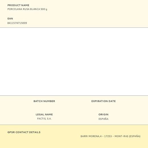 Porcelana Rusa Blanca 500 G