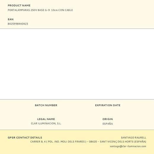 Portalamparas 250V Base G-9  10Cm Con Cable