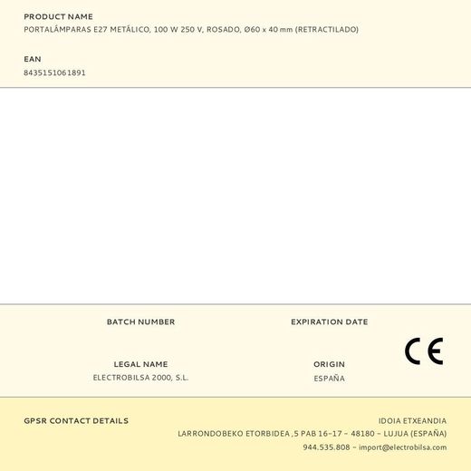 Portalámparas E27 Metálico, 100 W 250 V, Rosado, Ø60 X 40 Mm (Retractilado)