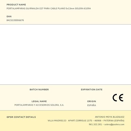 Portalamparas Guirnalda E27 Para Cable Plano 5X13Mm Solera 6109A