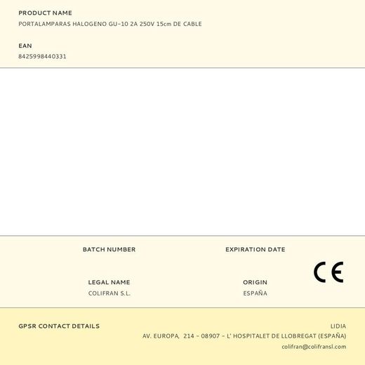 Portalamparas Halogeno Gu-10 2A 250V 15Cm De Cable