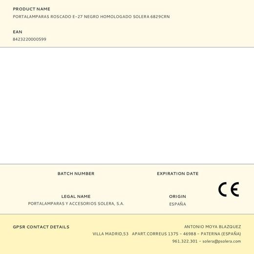 Portalamparas Roscado E-27 Negro Homologado Solera 6829Crn