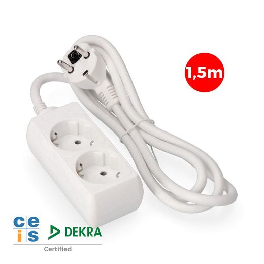 Base Múltiple, 2 Tomas Schuko 2P+T, 1,5M De Cable H05Vv-F 3G1,5 Mm² 16A 250V~ 3680 W, Blanca
