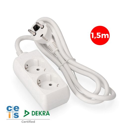 Base Múltiple, 2 Tomas Schuko 2P+T, 1,5M De Cable H05Vv-F 3G1,5 Mm² 16A 250V~ 3680 W, Blanca