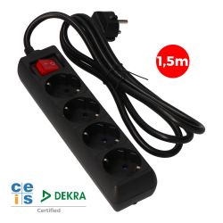 Prolongador Con 4 Tomas 2P+T, 16A 250V~ 1,5 M De Cable H05Vv-F 3G 1,5Mm², Con Interruptor,  Negro.